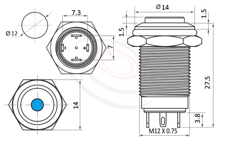 MP12-4ZV Series 尺寸圖,標示產品: Φ12mm短柄、有段、凸柄、Dot LED、自鎖型、1NO常開接點、圓點燈防水按鈕開關的外型尺寸。| MP16TECH鉑達 提供各種 Vandal Resistant Switches專業服務。