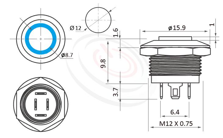 MP12K-4MH Series 尺寸圖,標示產品: Φ12mm極短款、高柄、凸型、環狀燈、復歸自復位、1NO、Ring帶燈防水開關的外型尺寸。| MP16TECH鉑達 提供各種 Vandal Resistant Switches專業服務。
