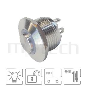 MP12K-4MH Series 零件外型示意圖,顯示金屬按鈕Φ12mm,無鎖復位,扁型帶燈防水開關的外觀,從圖片得以清楚顯示產品外觀形態。參數規格:12mm孔徑圓型光圈,常開1NO,無鎖復位凸型,迷你型,高柄。