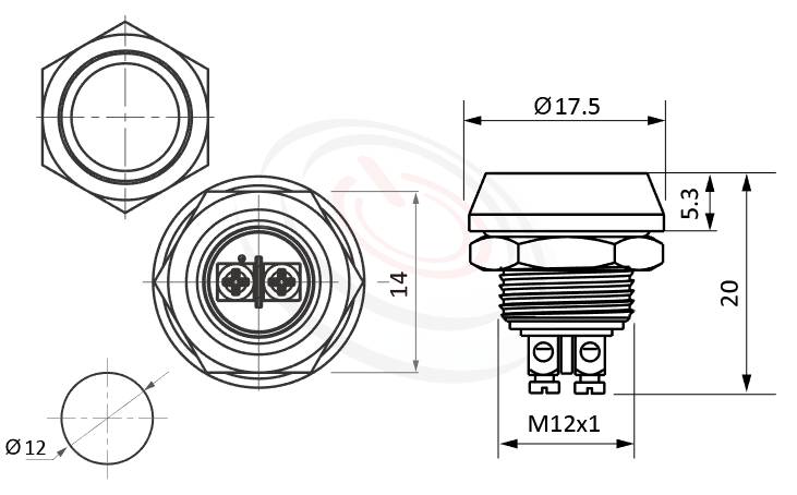 MP12R-2MFL Series 尺寸圖,標示產品: Φ12mm接線腳、短柄、平型、無燈、復歸自復位、SPST-NO、不帶燈防水開關的外型尺寸。| MP16TECH鉑達 提供各種 waterproof pushbutton專業服務。