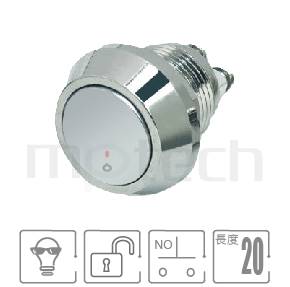 MP12R-2MFL Series 零件外型示意圖,顯示金屬開關Φ12mm,復歸回彈,螺絲柱防水開關的外觀,圖片可迅速觀察產品外觀特性。規格:Φ12mm開孔無燈,SPST,回彈觸發平柄,螺絲柱,短柄短款。