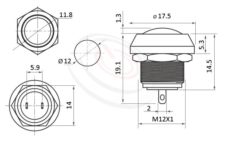 MP12R-2MR Series 尺寸圖,標示產品: Φ12mm短款、球面、球柄、不帶燈、復歸回彈、SPST-NO、不帶燈金屬開關的外型尺寸。| MP16TECH鉑達 提供各種 Vandal Resistant Switches專業服務。