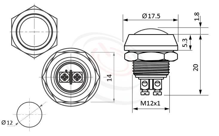MP12R-2MRL Series 尺寸圖,標示產品: Φ12mm螺絲端子、小型短款、圓弧柄、不帶燈、無段復位、1NO,SPST、不帶燈防水LED按鍵的外型尺寸。| MP16TECH鉑達 提供各種 Waterproof metal pushbutton專業服務。