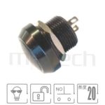 MP12R-2MRX Series 零件外型示意圖,顯示金屬開關Φ12mm,瞬切回彈,黑色外殼防水按鈕防水開關的外觀,圖片可迅速觀察產品外觀特性。規格參數:孔徑12mm不帶燈,1NO常開接點,回彈觸發弧面,黑色金屬外殼,小型短柄。