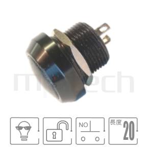 MP12R-2MRX Series 零件外型示意圖,顯示金屬開關Φ12mm,瞬切回彈,黑色外殼防水按鈕防水開關的外觀,圖片可迅速觀察產品外觀特性。規格參數:孔徑12mm不帶燈,1NO常開接點,回彈觸發弧面,黑色金屬外殼,小型短柄。