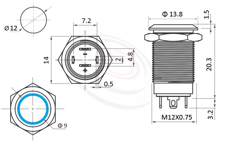 MP12S-4ZF Series 尺寸圖,標示產品: Φ12mm短款小型、自鎖、平柄、Ring、lock、1NO,SPST、Ring帶燈防水開關的外型尺寸。| MP16TECH鉑達 提供各種 Vandal Resistant Switches專業服務。