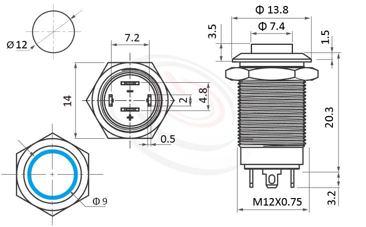 MP12S-4ZH Series 尺寸圖,標示產品: Φ12mm小型短柄、maintained、高圓形、Ring、有段、1NO、Ring Illuminated防水帶燈開關的外型尺寸。| MP16TECH鉑達 提供各種 Waterproof metal push button switch專業服務。