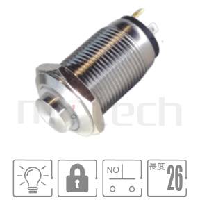 MP12S-4ZH Series 零件外型示意圖,顯示防水開關Φ12mm,自鎖,短款防水帶燈開關的外觀,圖片顯示一款凸柄自鎖帶燈金屬按鈕。參數規格:Φ12 開孔Ring Illuminated,SPST,自鎖凸面,短款,自鎖。