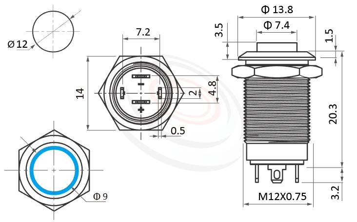 MP12S-4ZHX Series 尺寸圖,標示產品: Φ12mm電鍍黑色外殼、小型短柄、凸柄、環型LED、自鎖型、1NO,SPST、圓型光圈金屬帶燈按鈕的外型尺寸。| MP16TECH鉑達 提供各種 metal pushbutton switches專業服務。