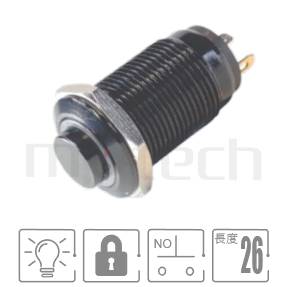 MP12S-4ZHX Series 零件外型示意圖,顯示防水按鈕Φ12mm,有鎖,黑色防水按鈕防水金屬開關的外觀,圖片可迅速觀察產品外觀特性。各項參數:12mm孔徑圓型燈,1NO,SPST,lock高柄,電鍍氧化黑殼,小型短柄。