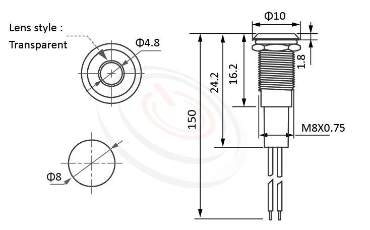ML08-2AL Series 長度/尺寸圖,標示產品: Φ08mm,高強度防水防塵性能金屬指示燈的外型尺寸,從圖片清楚顯示產品尺寸大小。 ML08-2AL規格包含: Φ08mm,直接帶線15cm,透明燈罩,室外全天候可用的防水指示燈,堅固材質: 不鏽鋼,黃銅鍍鎳,鋁合金。鉑達提供多樣式變化可挑選 金屬指示燈專業的產品服務。