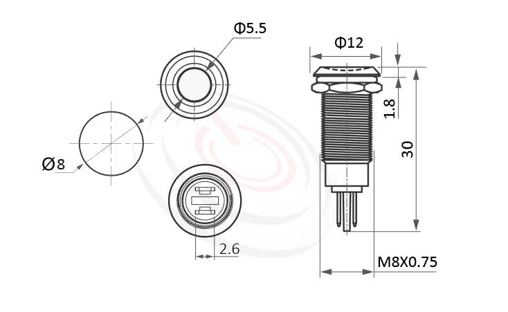 ML08-2AQ Series 長度/尺寸圖,標示產品: Φ8mm,內凹型透光燈罩金屬指示燈的外型尺寸,圖片用來確認零件適用程度。 ML08-2AQ規格為: Φ8mm,直徑5.5mm大光圈,透光罩由平面往內縮的款式,室外全天候可用的防水指示燈,堅固材質: 黃銅鍍鎳,白鐵不鏽鋼,鋁合金。鉑達提供高強度防水防塵性能金屬指示燈專業的產品服務。