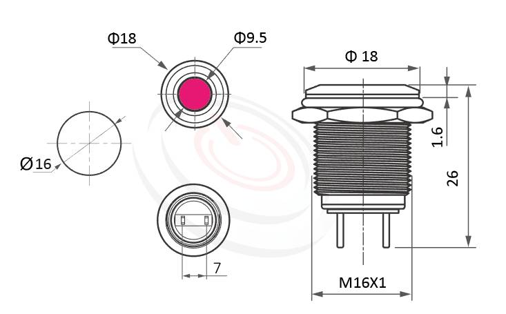 ML16-2ARJ Series 長度/尺寸圖,標示產品: Φ16mm,耐撞堅固可靠金屬指示燈的外型尺寸,由圖片迅速確認零件概略尺寸。 ML16-2ARJ規格包含: Φ16mm,,Φ9.5較大發光點,可選擇透明霧面指示燈燈罩,堅固材質: 白鐵不鏽鋼,黃銅,鋁殼。鉑達提供高強度防水防塵性能金屬指示燈專業的產品服務。