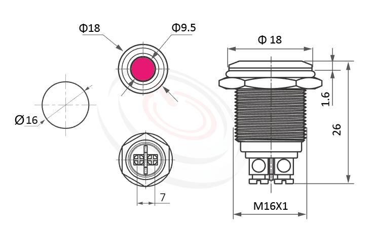 ML16-2ARLJ Series 長度/尺寸圖,標示產品: Φ16mm,耐撞堅固高強度, 鎖螺絲型金屬指示燈的外型尺寸,可藉由圖片確認尺寸是否適用。 ML16-2ARLJ規格包含: Φ16mm,,接線柱,Φ5.5大面積發光,堅固材質: 白鐵不鏽鋼,黃銅,鋁殼。鉑達提供高強度防水防塵性能金屬指示燈專業的產品服務。