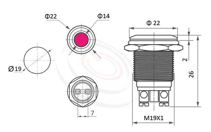 ML19-2ARLJ Series 長度/尺寸圖,標示產品: Φ19mm,耐撞堅固可靠金屬指示燈的外型尺寸,從圖片輕鬆確認零件外觀尺寸。 ML19-2ARLJ規格包含: Φ19mm,,接線柱,Φ5.5大面積光圈,堅固材質: 黃銅,鋁合金,白鐵不銹鋼。鉑達提供高強度防水防塵性能金屬指示燈專業的產品服務。