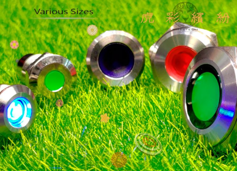 圖片屬於"防水LED金屬指示燈的虎彩繽紛-鉑達ML系列"文章，圖片為鉑達led防水金屬指示燈不同尺寸的實體照片。標準尺寸為Φ8mm、Φ10mm、 Φ12mm 、Φ16mm、Φ19mm...也提供更大尺寸到Φ30mm ，或者特殊的Φ6mm。