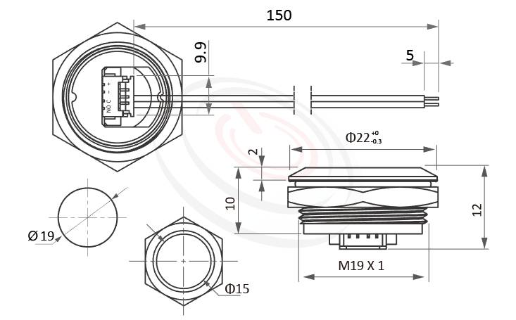 MP19T-2MFL Series 長度/尺寸圖,標示產品: Φ19mm,不帶燈,帶線薄型防水金屬按鍵的外型尺寸,立即從圖片確認是否符合需求。 MP19T-2MFL規格包含: Φ19mm,,直接帶線,超薄、超扁、超短型,平面不帶燈,復位無段,一組常開接點,堅固材質: 白鐵Stainless steel不鏽鋼,金屬外殼。鉑達提供防水 金屬 按鈕 按鍵 按壓 按押,metal push button switch, Anti-Vandal button,Waterproof pushbutton, metal button switch專業的產品服務。