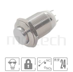 MP12G-3ZK Series 零件外型示意圖,顯示防水開關Φ12mm,自保持,具b接點防水按鍵的外觀,可藉由圖片確認開關是否適用。各項參數:孔徑Φ12mm不帶燈,SPDT-NO/NC,有段高平圓形,有NC接點,短款小型。