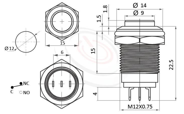 MP12G-3ZK Series 尺寸圖,標示產品: Φ12mm含常閉NC接點、小型短柄、凸柄、無燈、自保持、SPDT、不帶燈防水開關的外型尺寸。| MP16TECH鉑達 提供各種 Waterproof metal pushbutton專業服務。