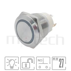 MP19S-4MF Series 零件外型示意圖,顯示防水按鈕Φ19mm,回彈觸發,短款小型金屬帶燈按鈕的外觀,立即從圖片確認是否符合需求。參數規格:19mm孔徑Ring,常開接點,瞬切回彈平柄,短柄,環型LED。