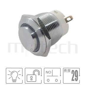 MP19S-4MH Series 零件外型示意圖,顯示防水按鍵Φ19mm,瞬切回彈,短柄防水帶燈按鈕的外觀,由圖片迅速確認開關概略外型。各項規格:19mm孔徑環型LED,SPST-NO,復歸回彈凸柄,短款,凸柄。